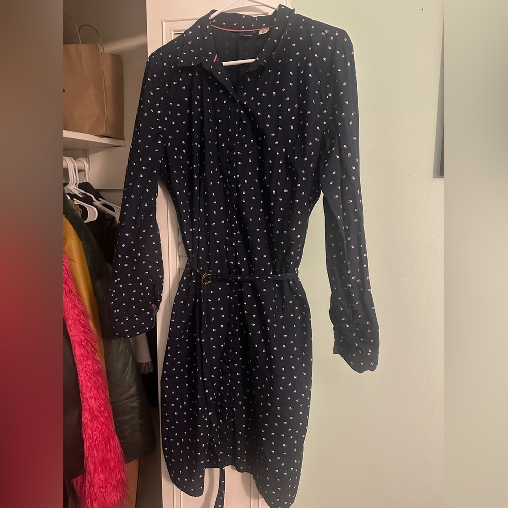 Tailored Navy Long Sleeve Polka Dot Shirt Dress